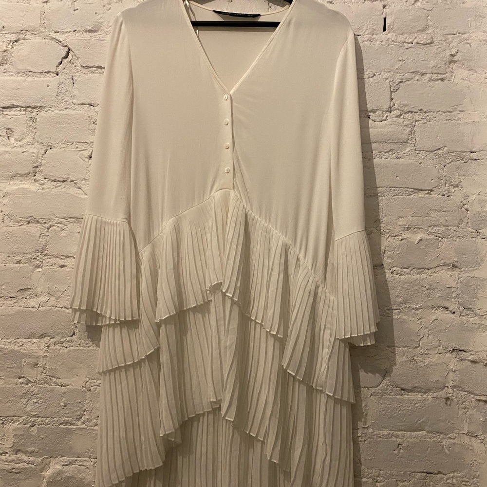 Zara white silky pleated blouse tunic xs Victorian button down